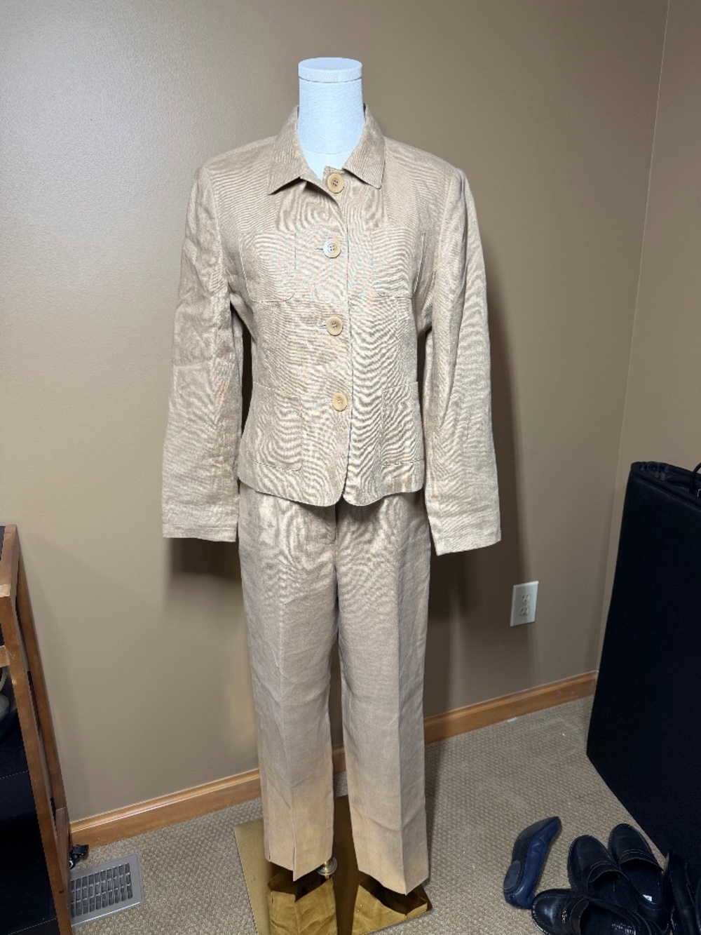 Talbots Irish Linen 2 Piece Pants Suit Jacket 6 Pants 8 Tan Beige